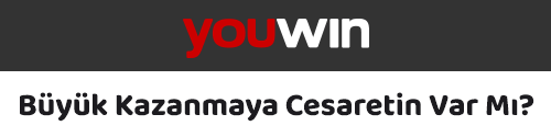 Siyah beyaz arka plan üzerinde Youwin logosu ve Büyük kazanmaya cesaretin var mı yazısı