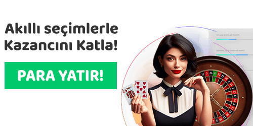 Poker kartları tutan kadın oyuncu, rulet masası ve Para yatır butonu eşliğinde dikkat çeken tanıtım